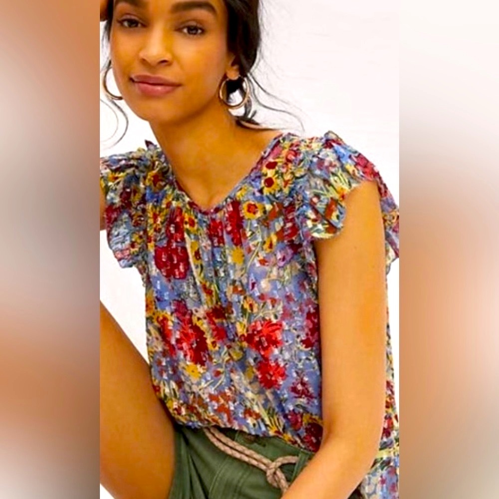 NWT Anthropologie Velvet “Keiara” Chiffon Ruffle Sleeve Top -XS - Picture 1 of 16